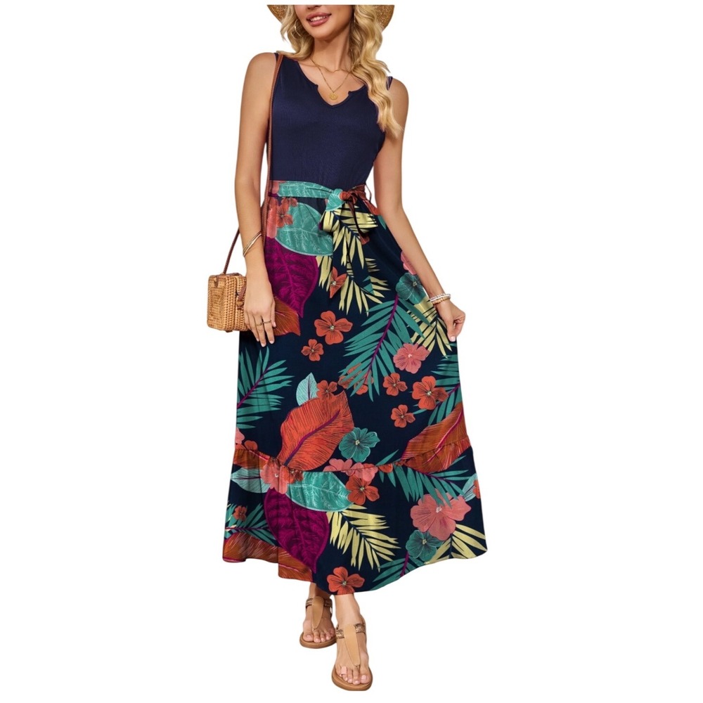 NWT Hibiscus Sleeveless Floral Maxi‎ Dress Ruffle Hem Size XXL Tropical Beach